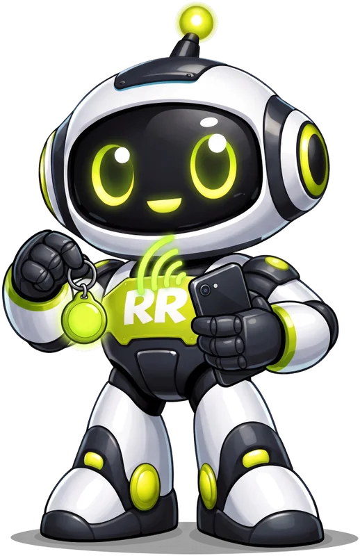 RR-Bot, maskotka ErrorStudio, przykłada telefon do breloka NFC